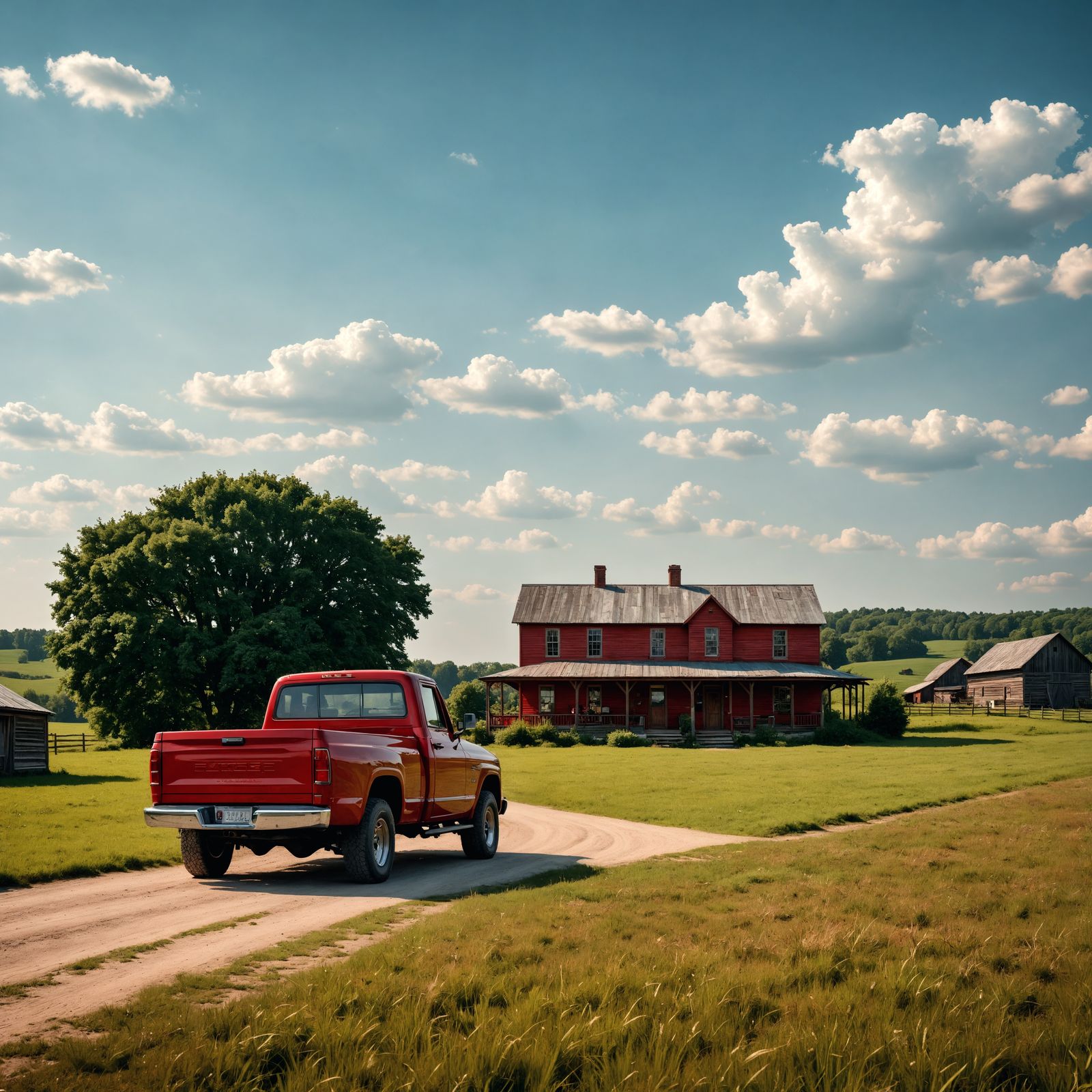 Hyperrealistic Red Pickup Truck Near a Farmhouse
