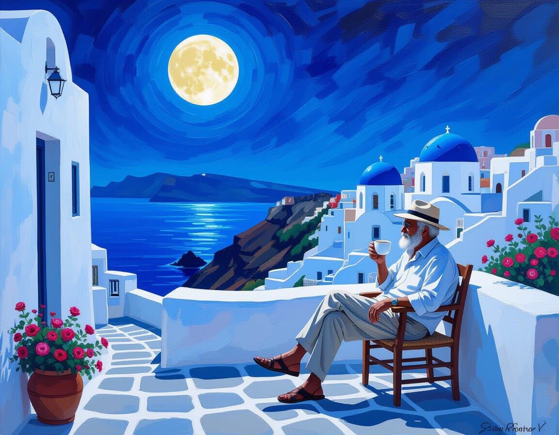 Cycladic Coffee Under Moonlight: An Impasto Oil Painting