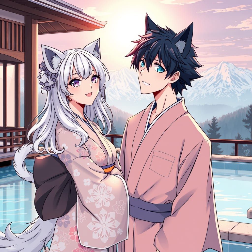 Surreal Anime-Inspired Scene of Happy Couple Gazing at Sunri...