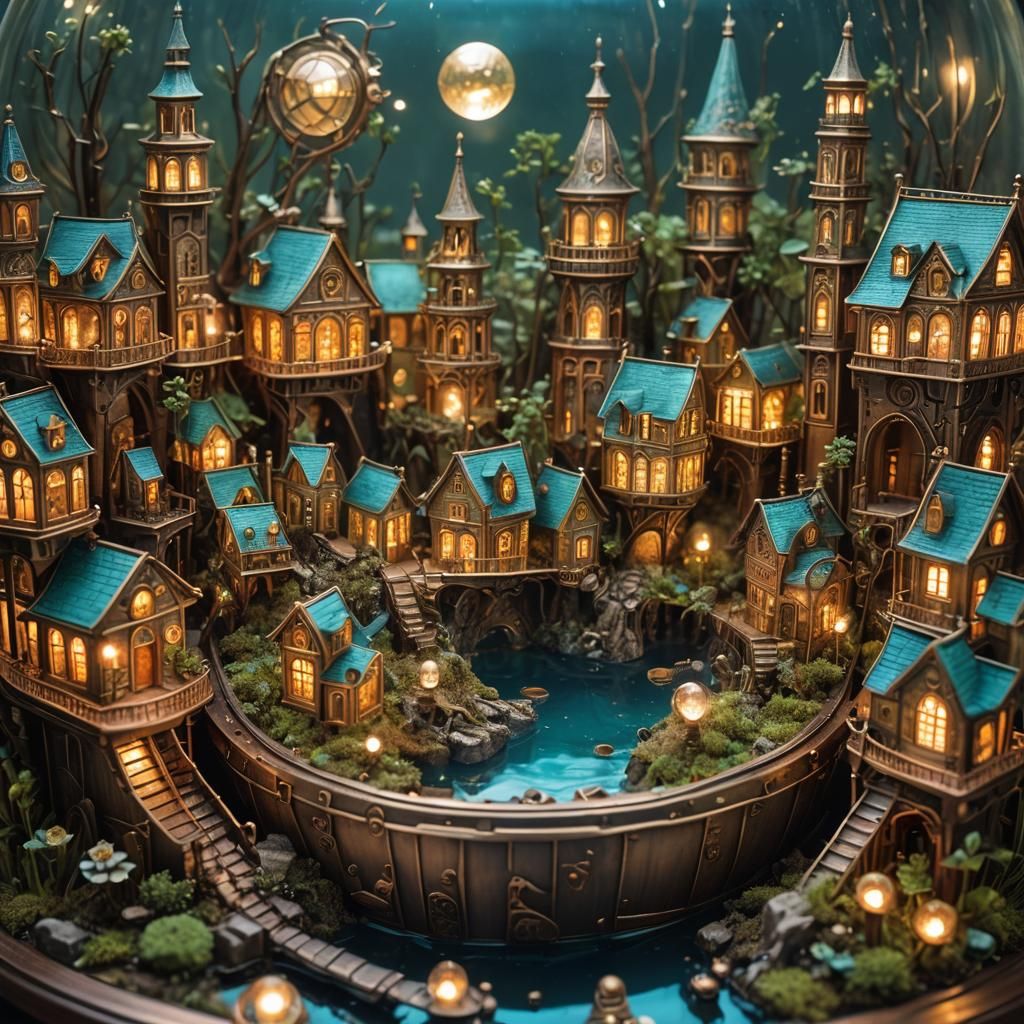 Steampunk City in Fishbowl: Miniature Watercolor Painting