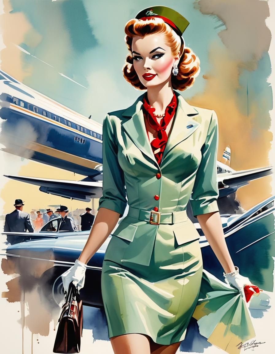 Glamorous 1950s Air Hostess Pinup in Gouache Watercolour