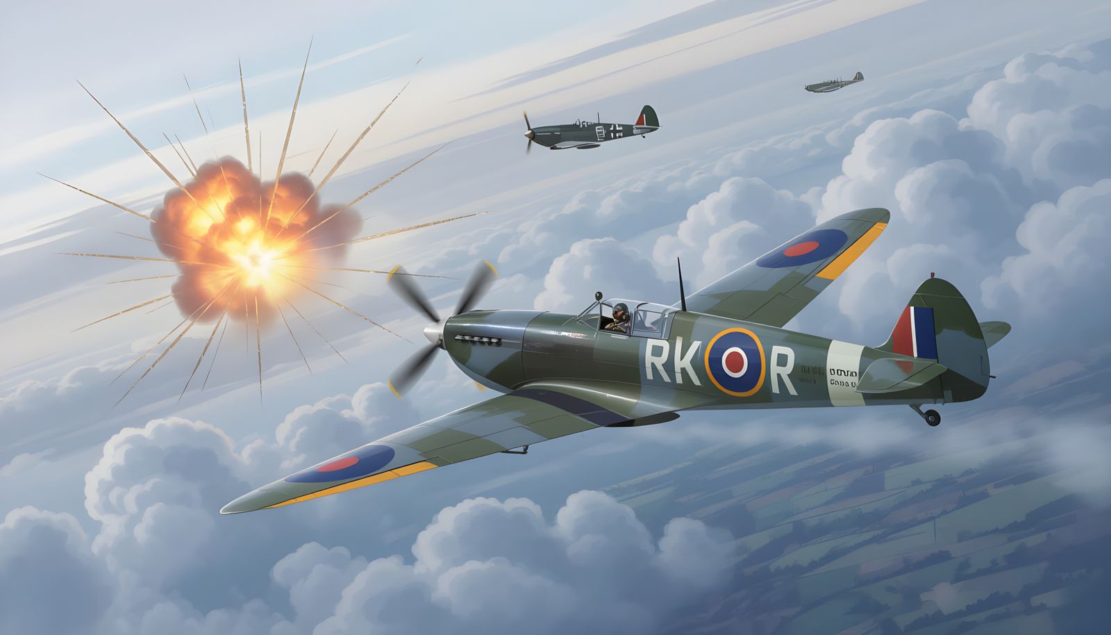 Spitfire Dogfight with Explosions and Messerschmitt