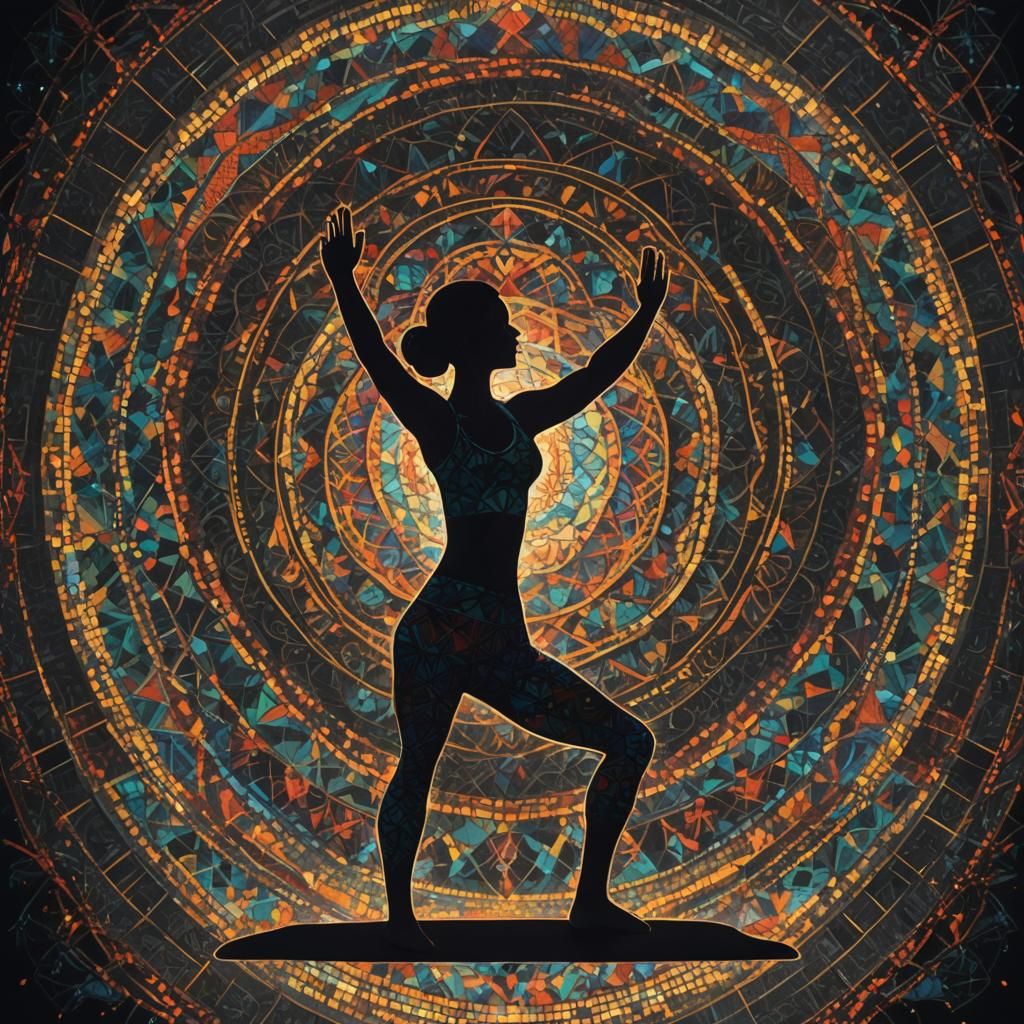 Illuminated Yoga Silhouette with Geometric Patterns