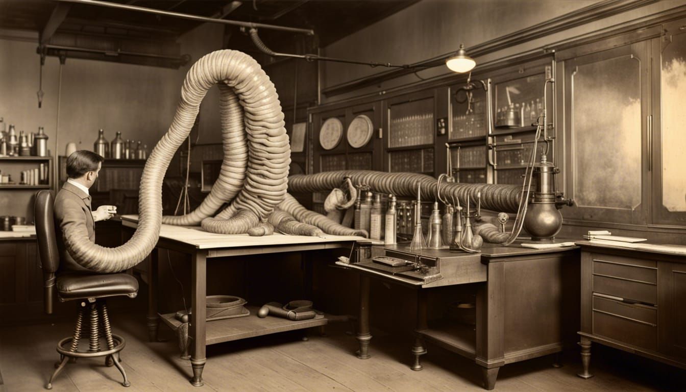 Large alien flesh worm in edwardian laboratory