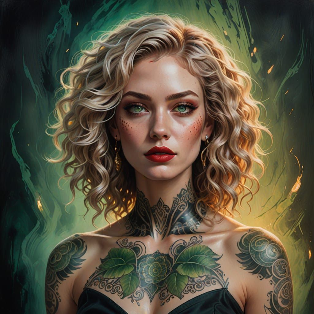 Mystical Young Woman Portrait with Tattoos in Golden Hour