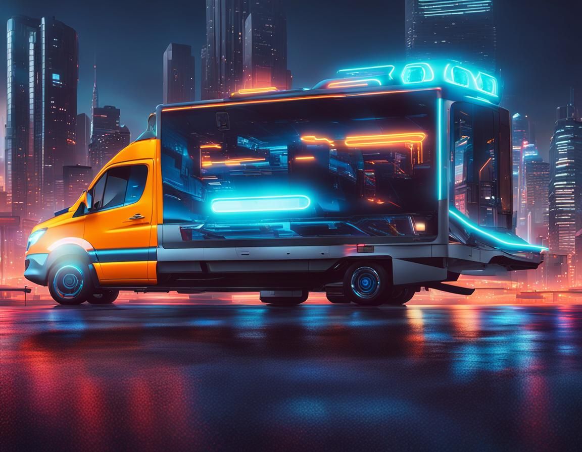 Cyberpunk Mercedes Sprinter in Grey Metallic with Vibrant Ne...