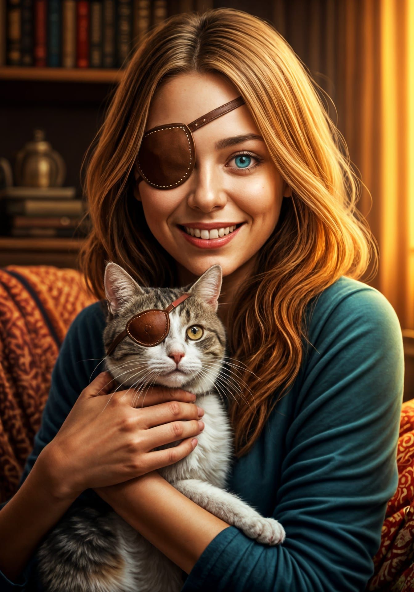 Woman and Cat Share Eyepatch in Cozy Autumn Scene