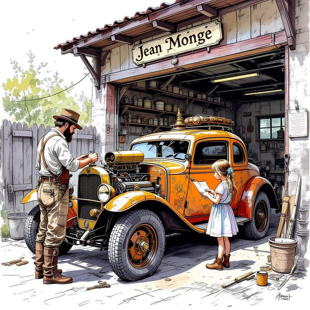Steampunk Mechanic and Daughter in Garage