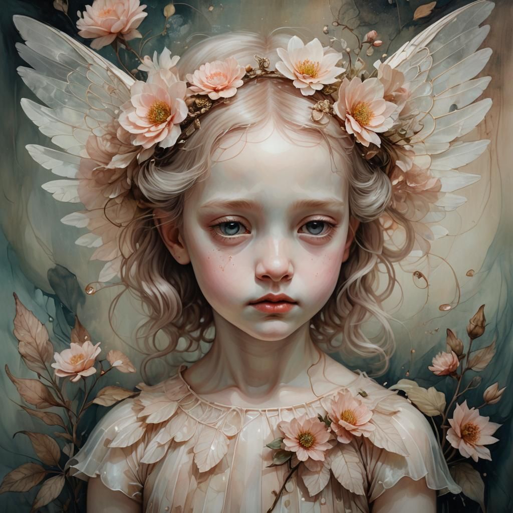 Surreal Girl Portrait with Wings in Oil Painting Style