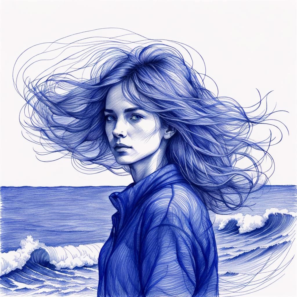 Ballpoint Pen Portrait of Windblown Woman