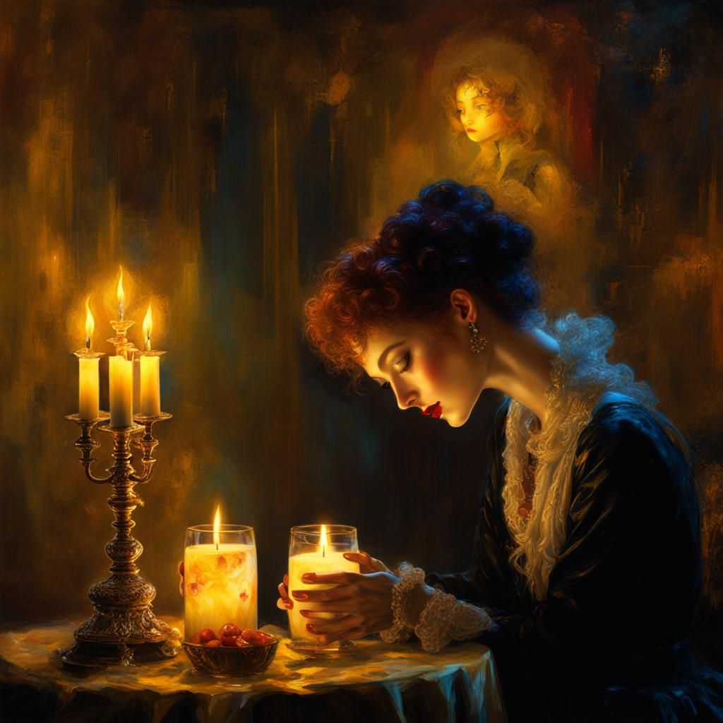 Ethereal Lovers Embrace in Candlelight, Art Nouveau Style