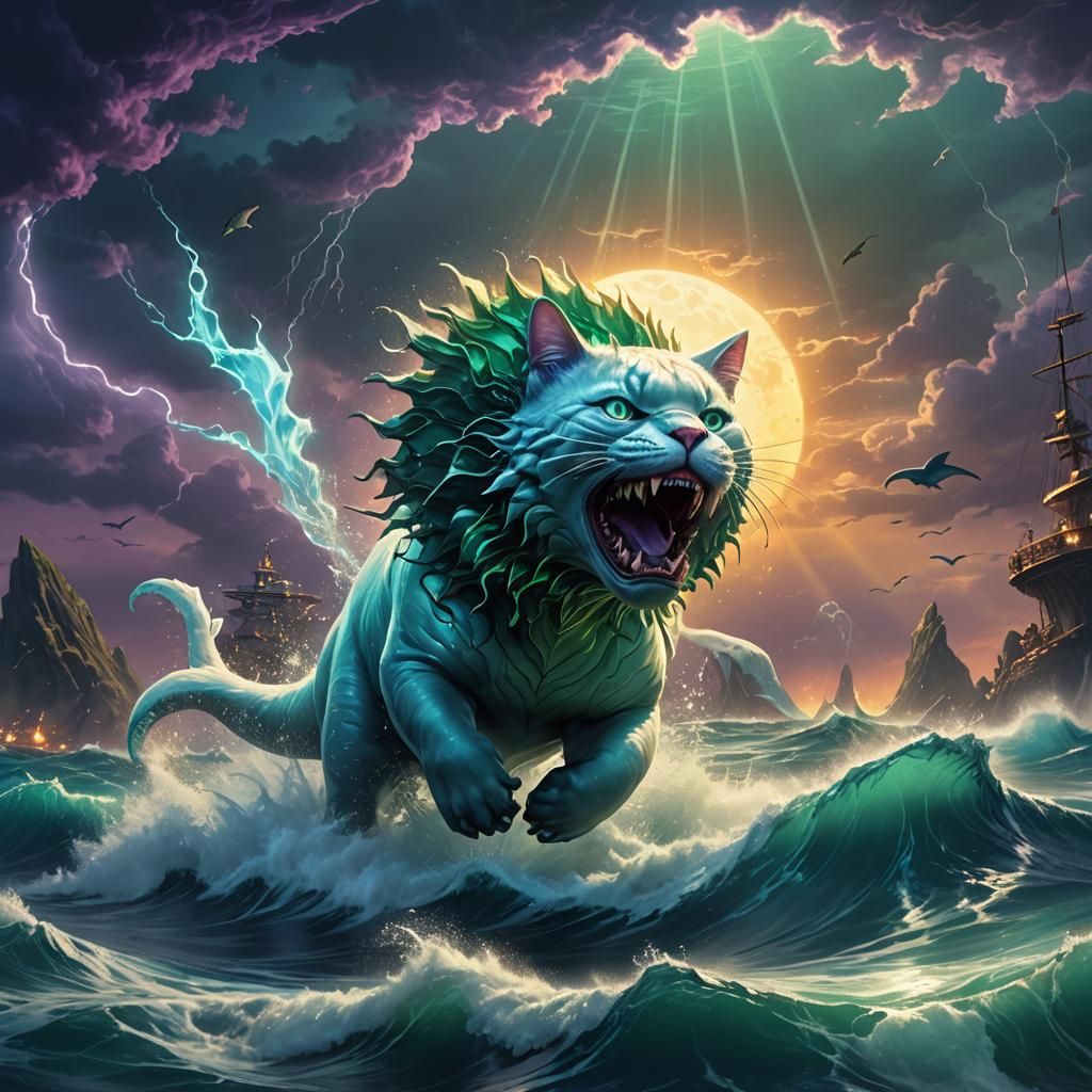Glowing Kitty Rides Megalodon: Fantasy Concept Art