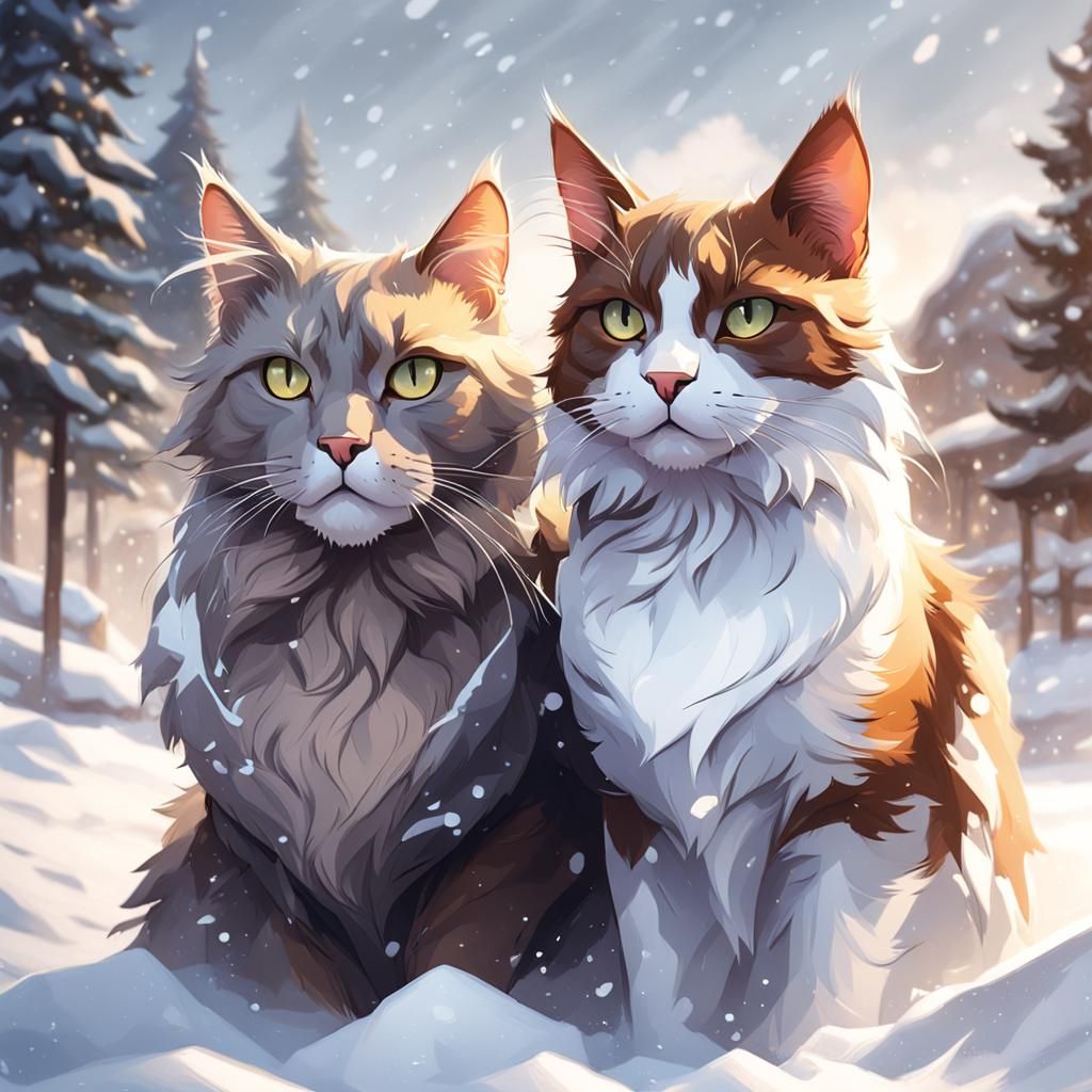 Cats Play in Snow: Detailed Art Portrait