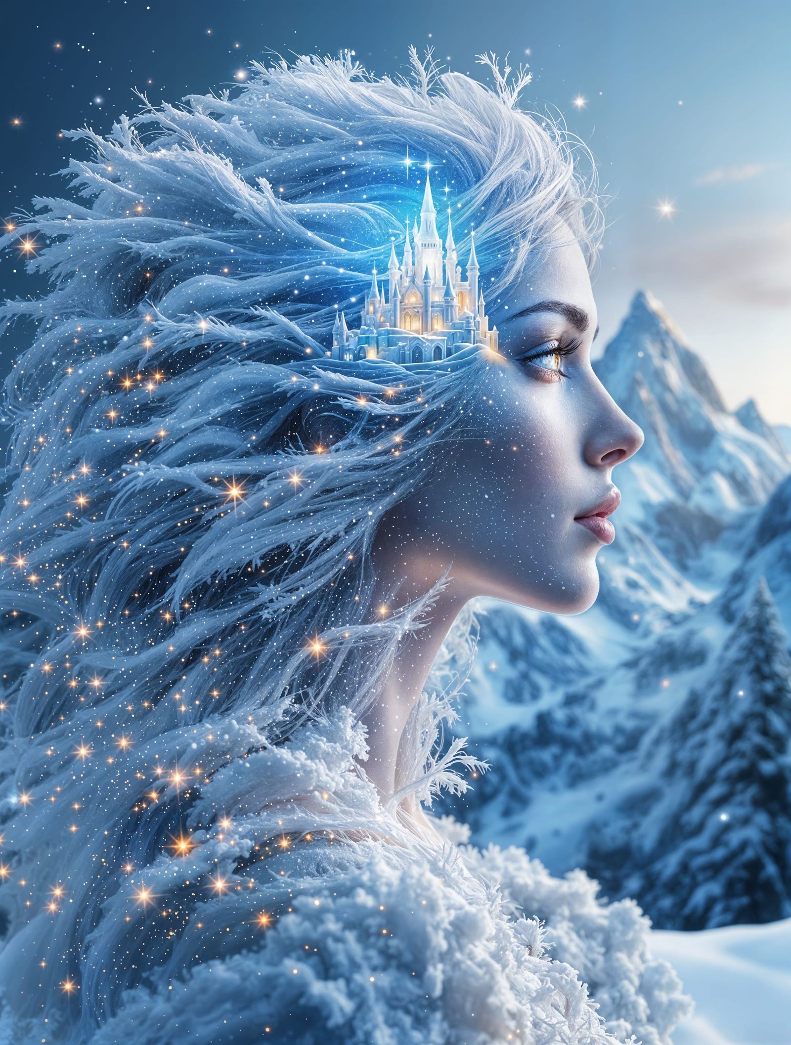 Ethereal Winter Portrait with Glowing Blue Castle