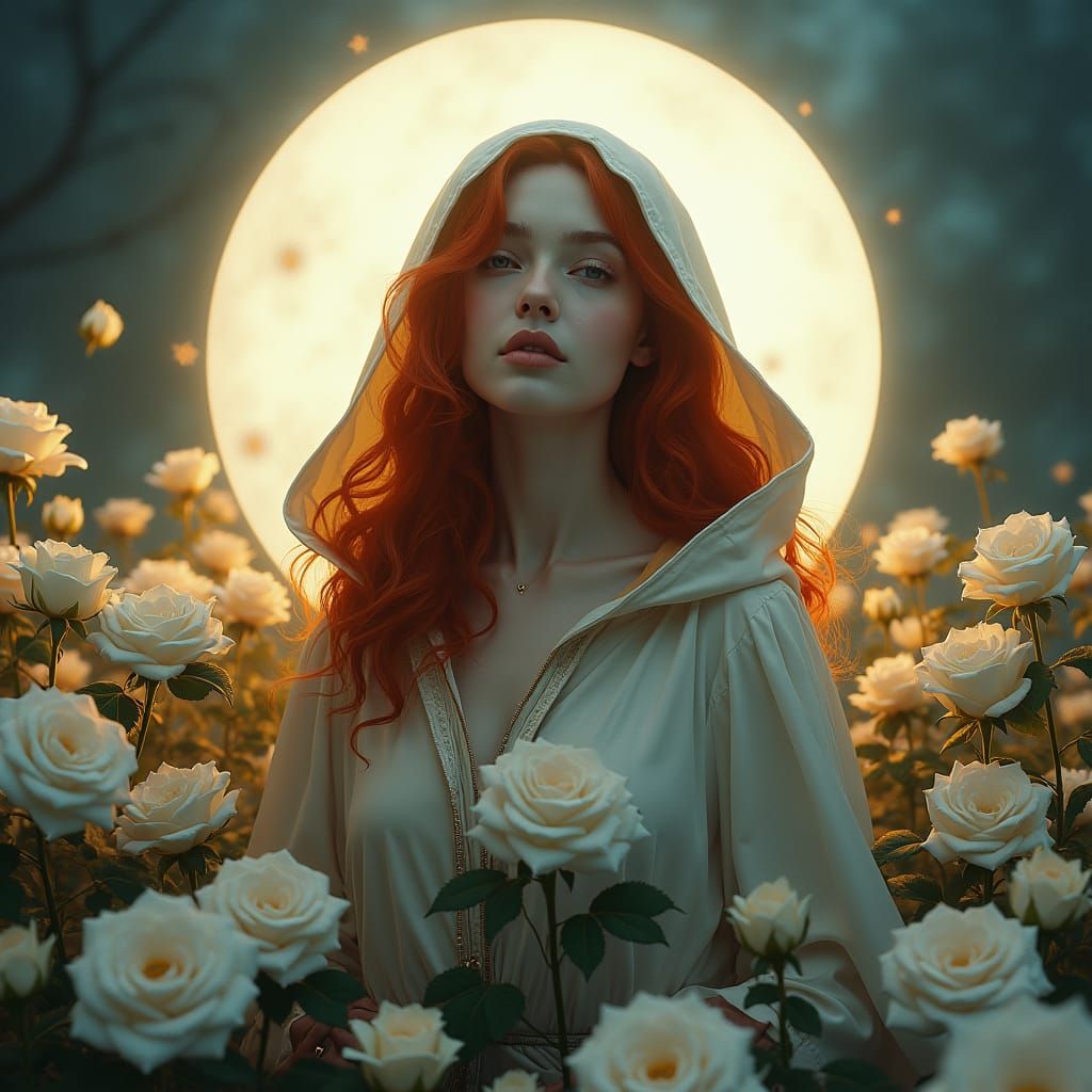Mystical Red-Haired Woman with Roses, Matte Painting