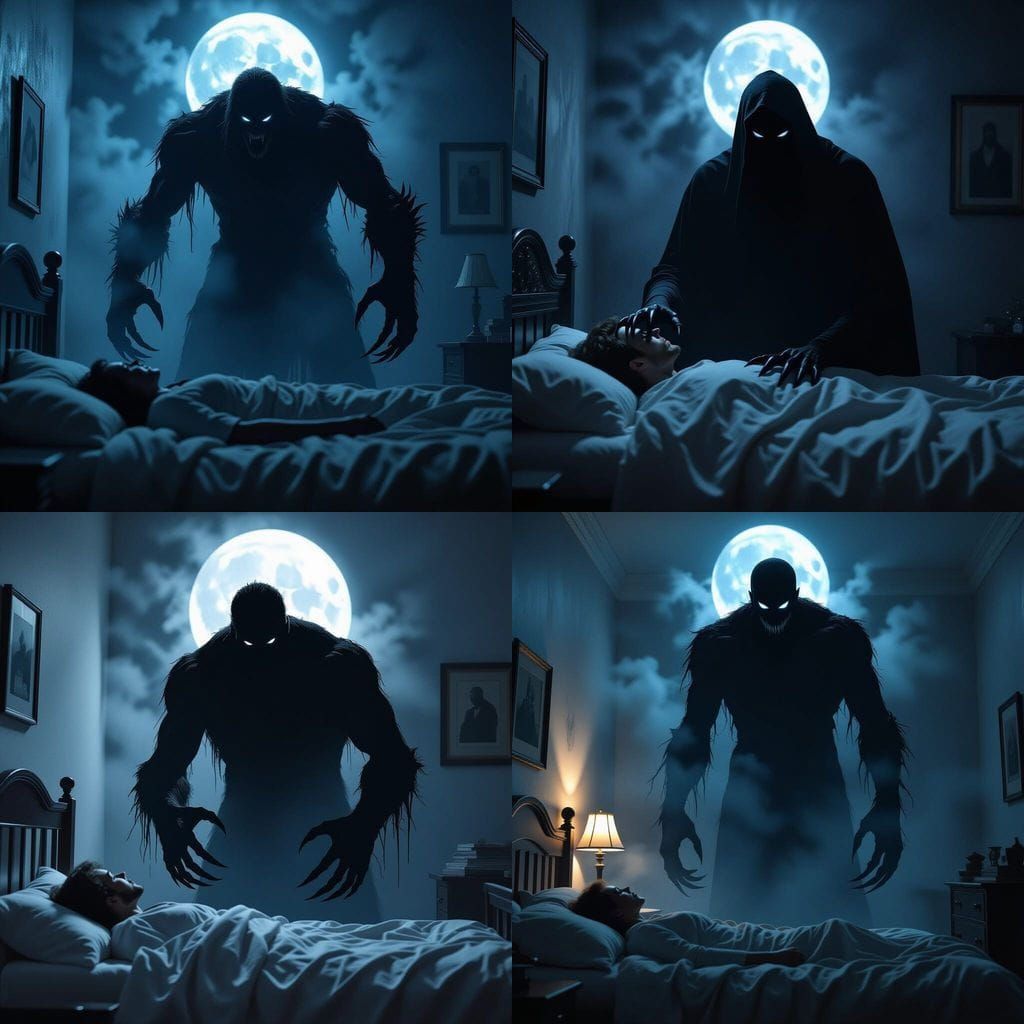 Horror Scene: Paralyzed Person, Shadow Figure, Moonlight Roo...