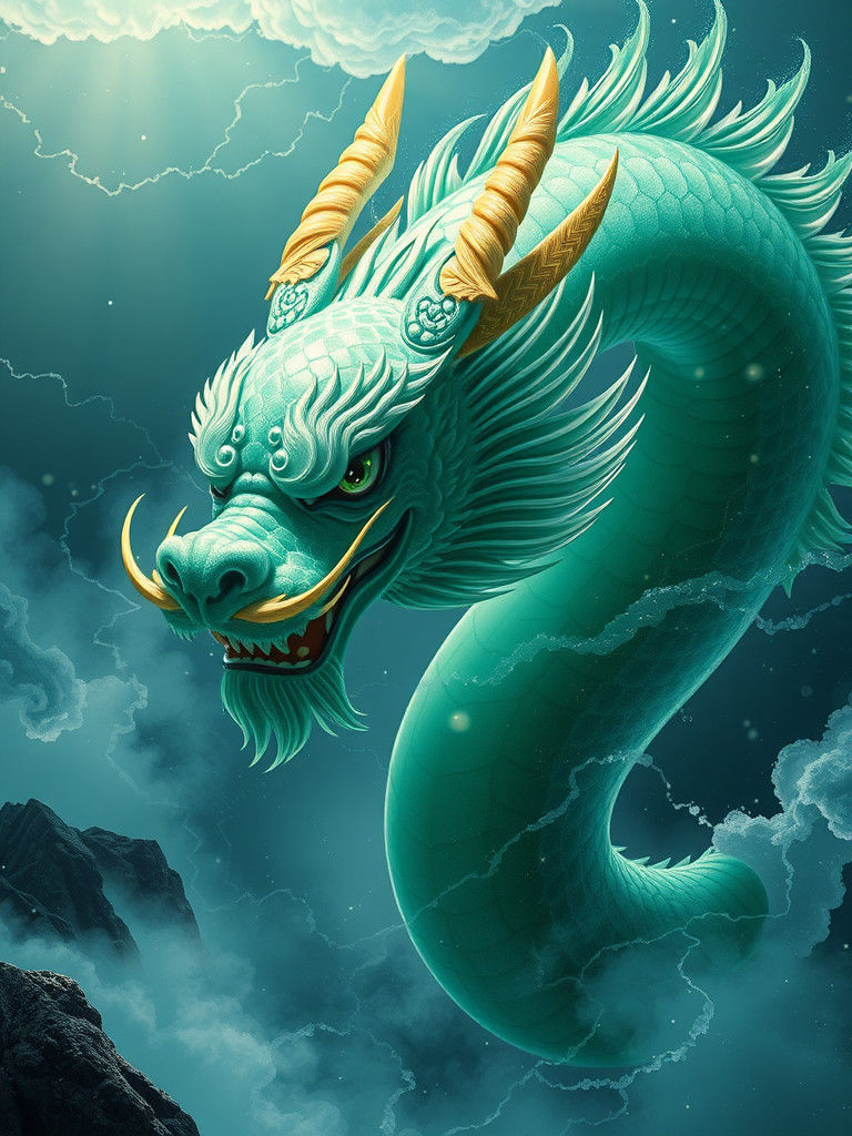 Jade Scaled Chinese Dragon Soaring Through Mist