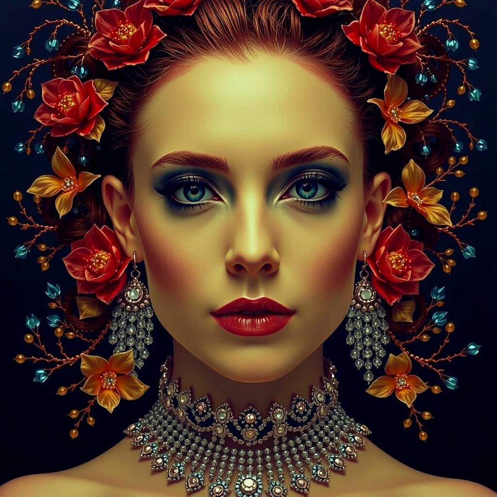 Ornate Beaded Waterfall Artwork with Gold and Silver Detail