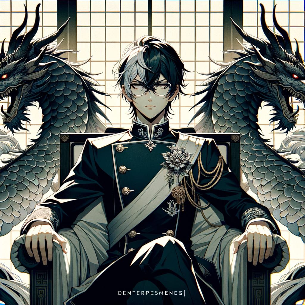 Majestic Anime Prince with Silver Dragons on Throne