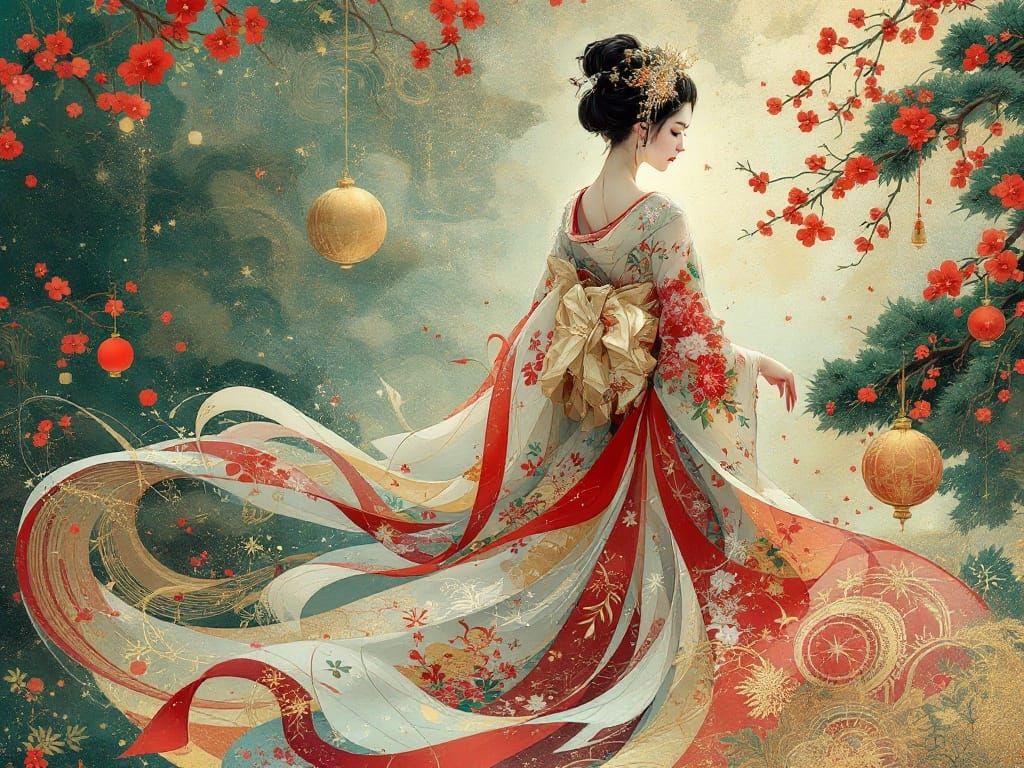 Ethereal Geisha Dances Among Celestial Symbols
