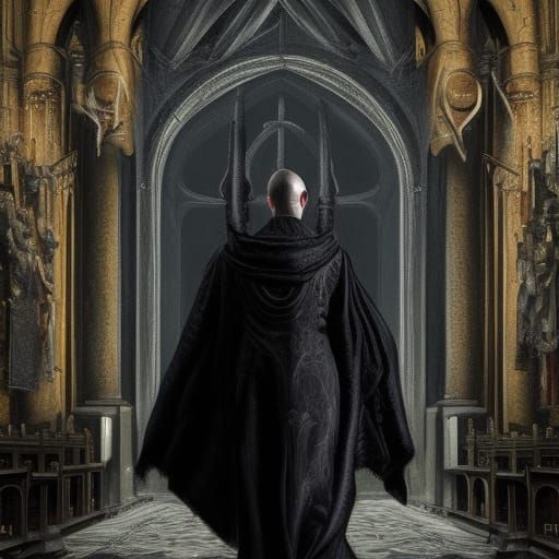 Gothic Church Scene with Man in Black Robe