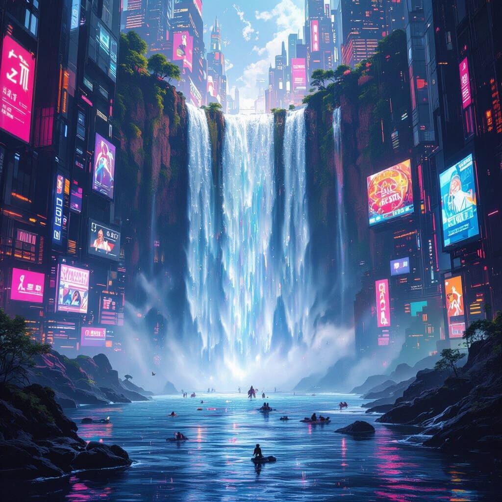 Futuristic Metropolis: Waterfall Cascading Down Skyscraper