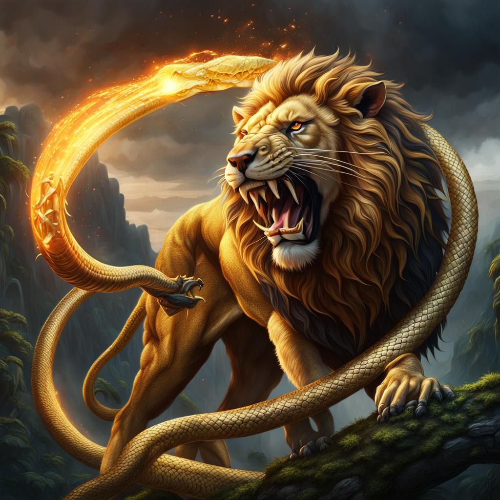 Lion with Golden Tusk Battles Giant Snake