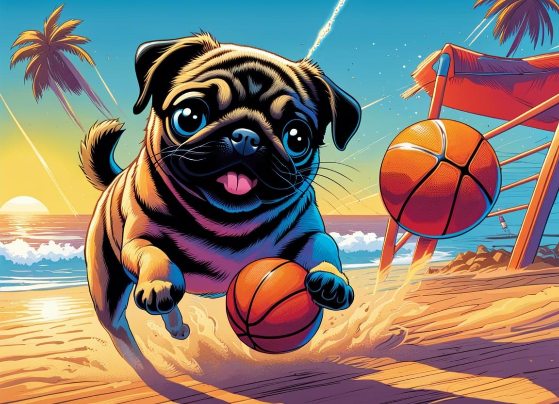 Pug Puppy Plays Beach Basketball: Comic Book Art