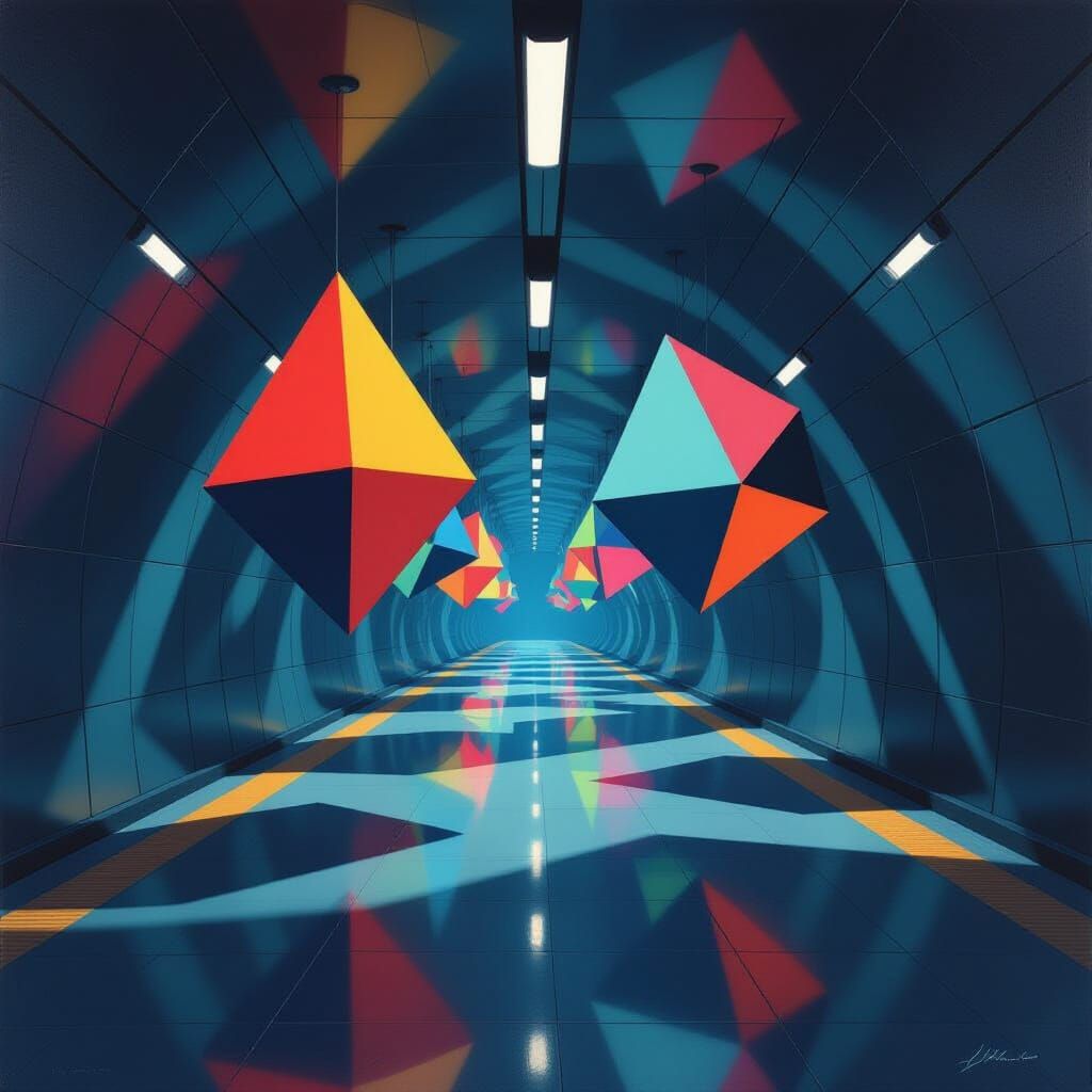 Geometric Art Installation in Futuristic Subway Station