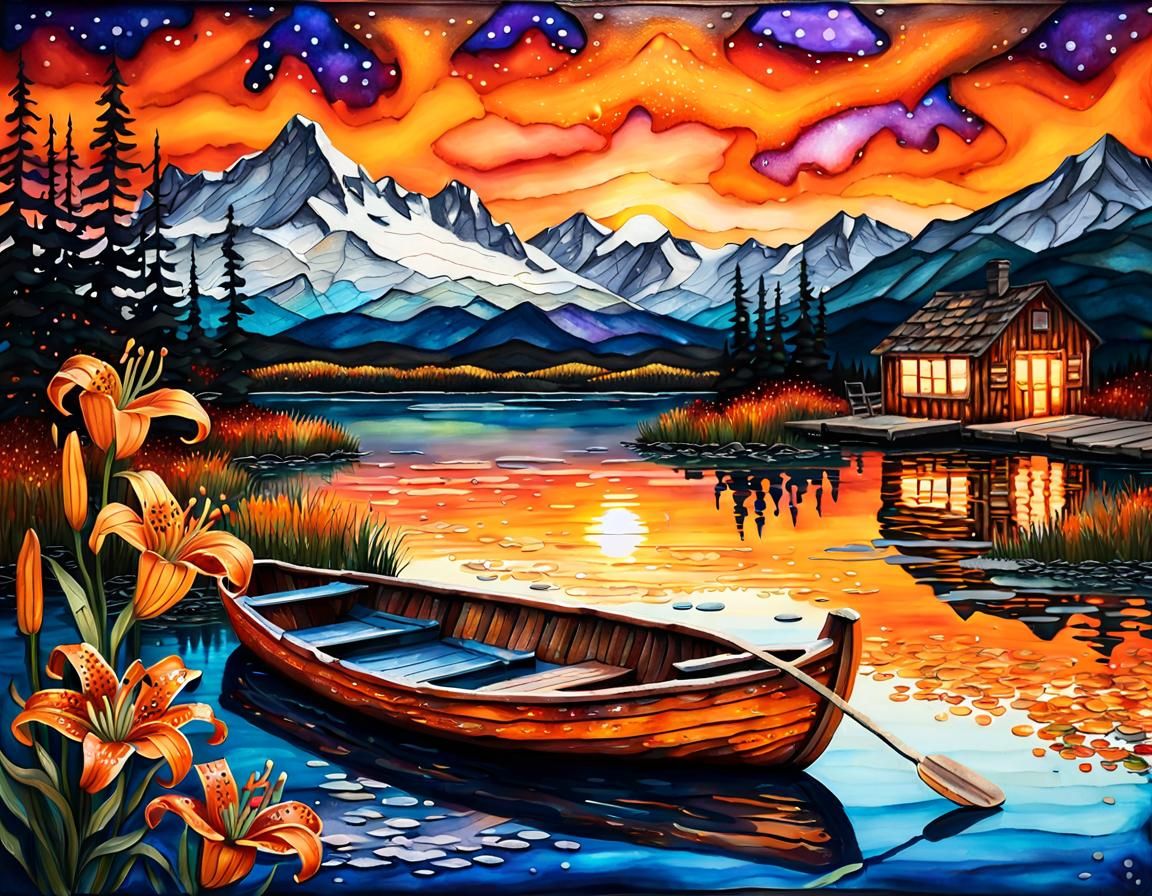 Fiber Weaving of Twilight Scene with Tiger Lilies