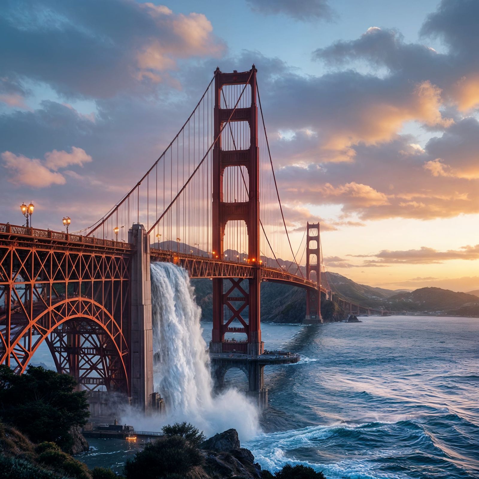 Spectacular Waterfall Over Golden Gate Bridge