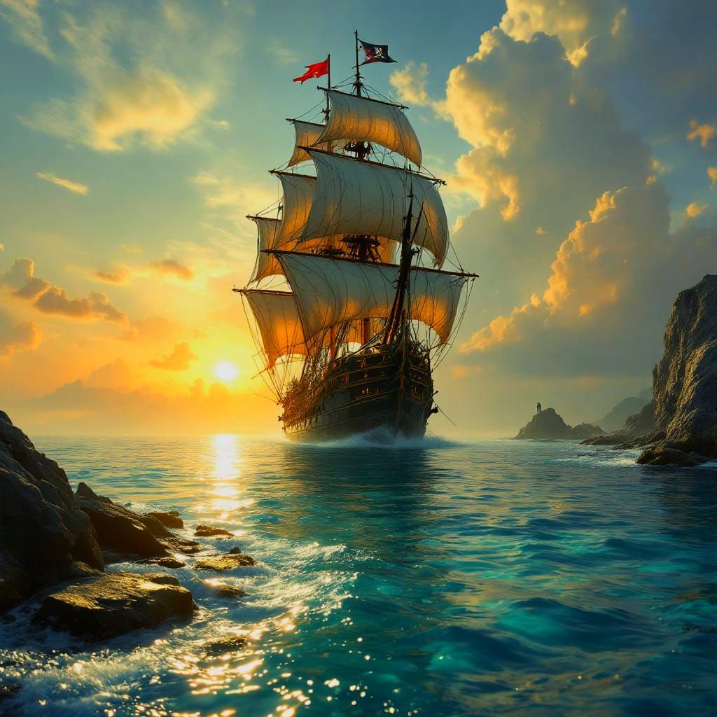 Moody Pirate Ship on Open Water: 3D Render