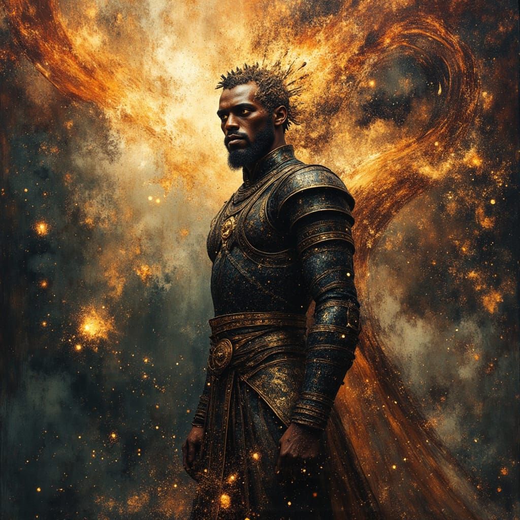 Cosmic Warrior God in Gothic Obsidian Armor