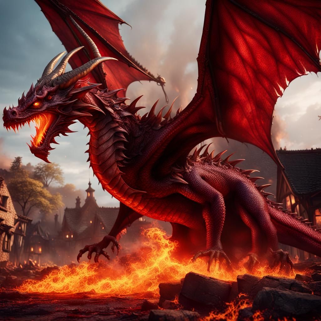 Fire Dragon Burning Village: Fantasy Concept Art