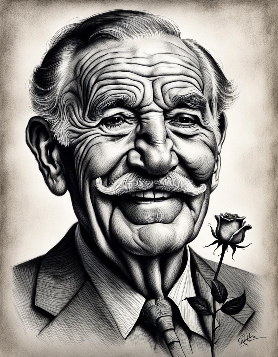Detailed Charcoal Drawing of Smiling Man with Rose
