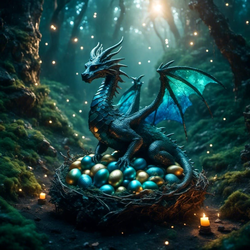 Dragon on Nest in Misty Forest: Fantasy Matte Painting