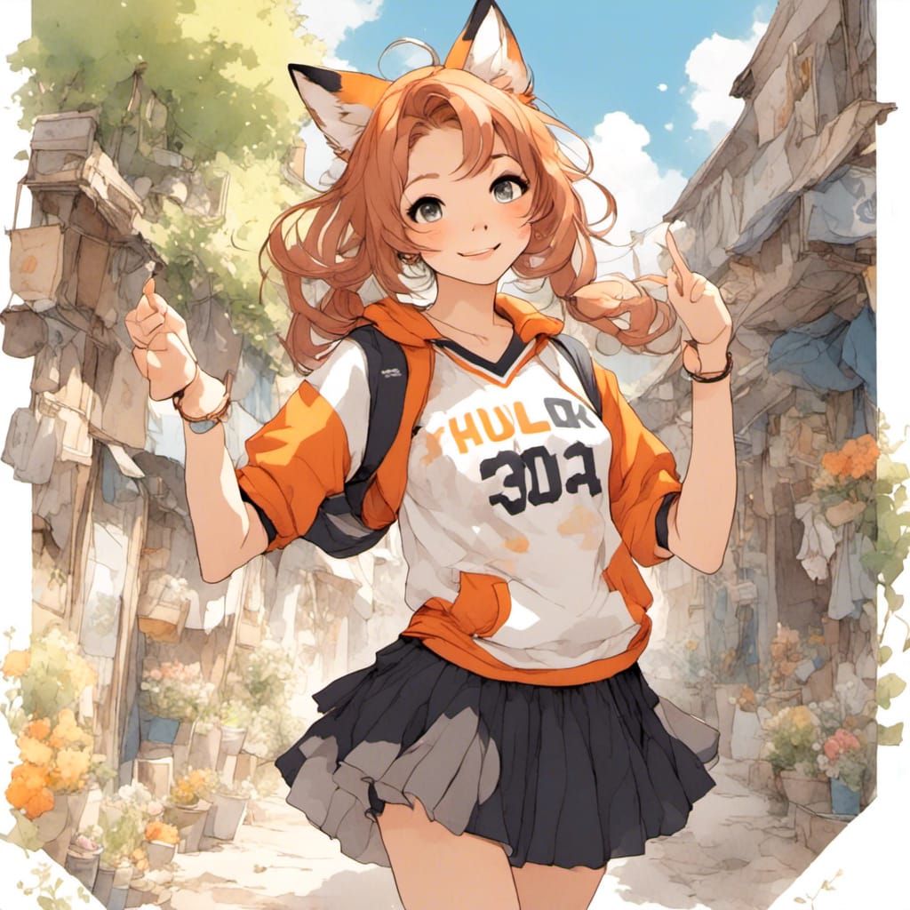 Fox-girl VIXEN wearing a sports jersey, pleated skirt, cute sneakers, Waving hello to you!