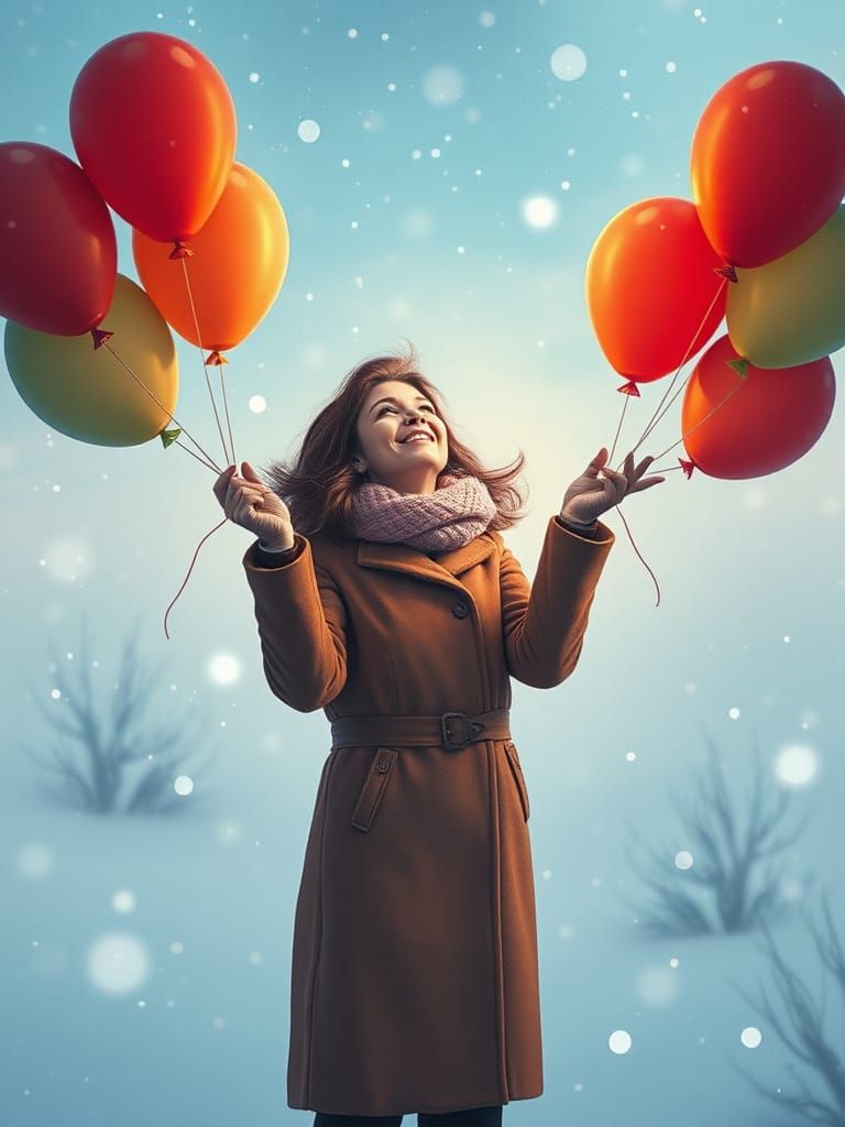 Woman Releasing Balloons in Winter Landscape