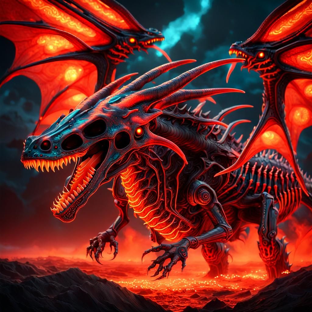 Dragon with Shark Teeth in Surreal Landscape