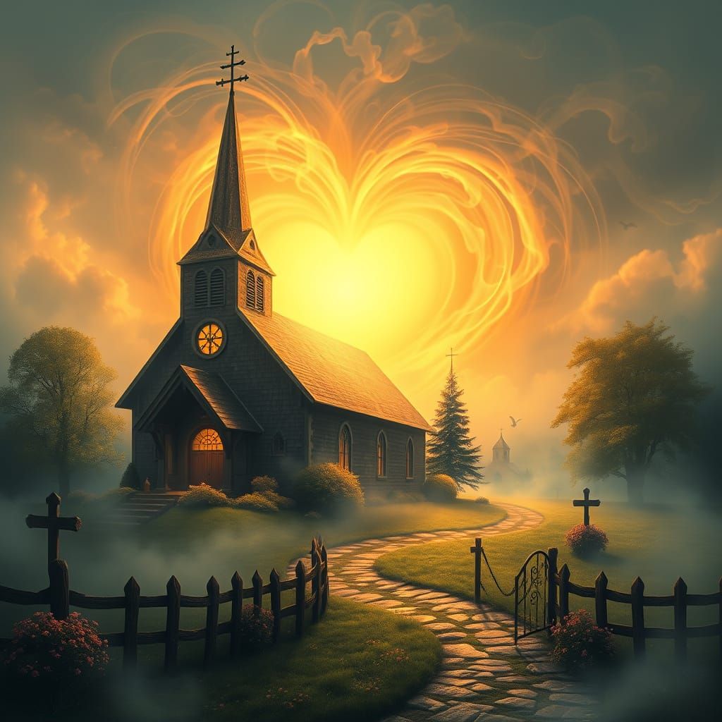 Heart-Shaped Light Envelops Church in Dreamy Landscape