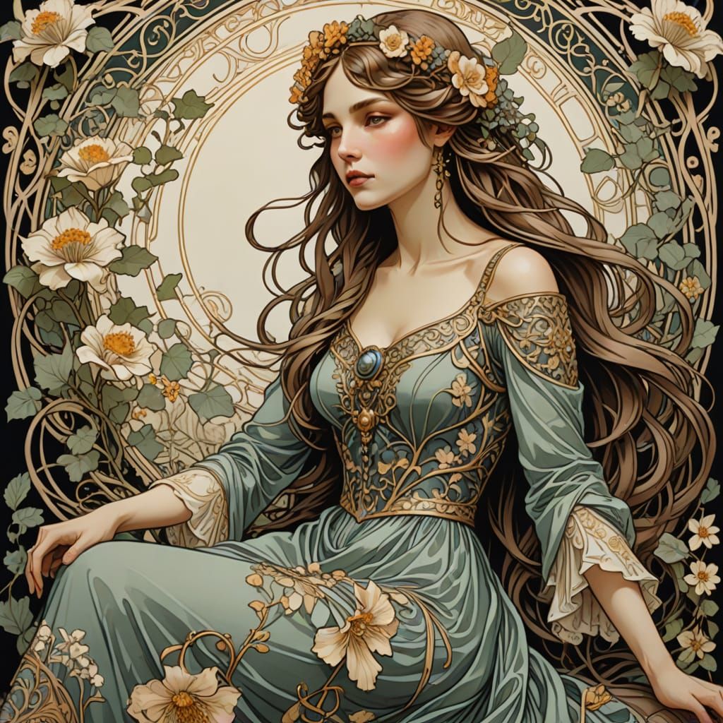 Elegant Young Woman in Art Nouveau Portrait