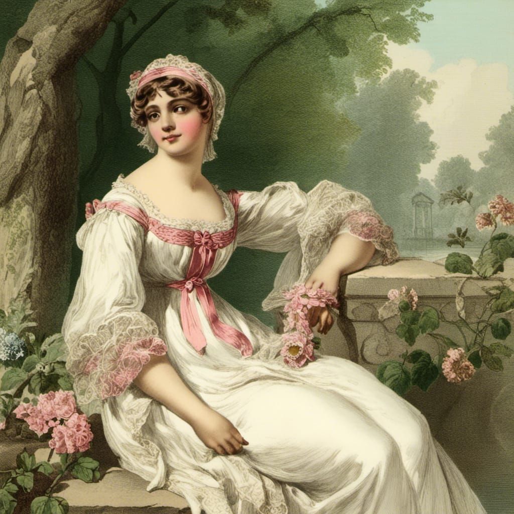 Girl in Regency Dress in Palladian Garden