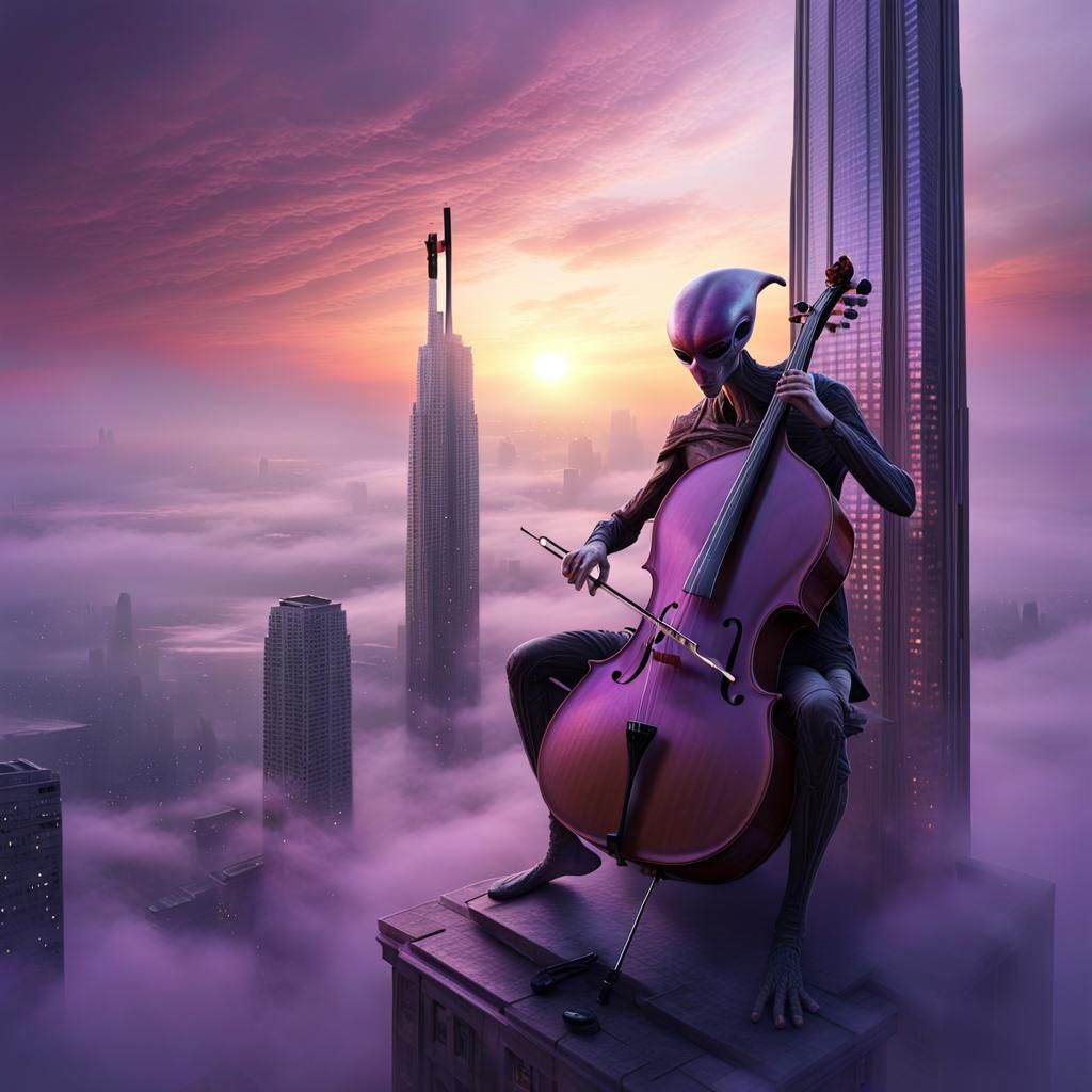 Alien Cellist on Skyscraper at Sunset