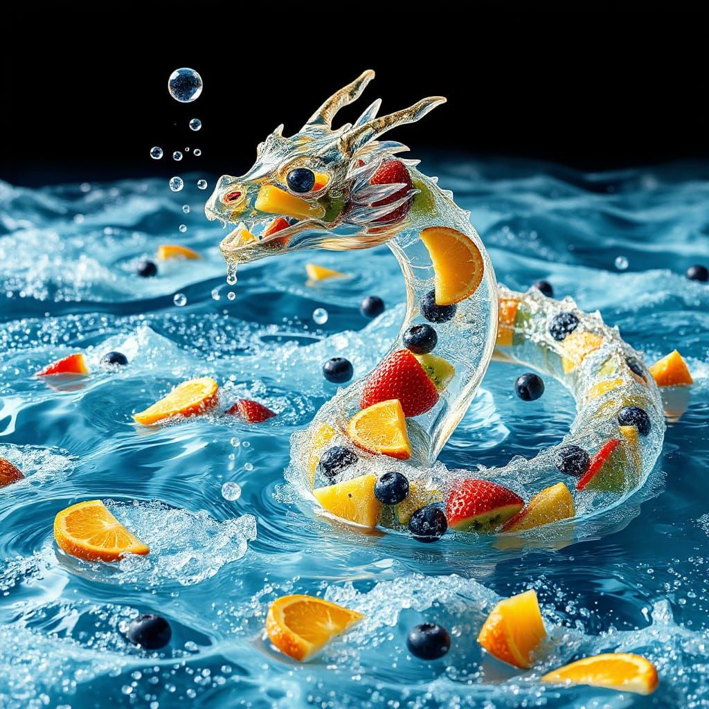 Water Dragon Emerges From Effervescent Fruit Ocean