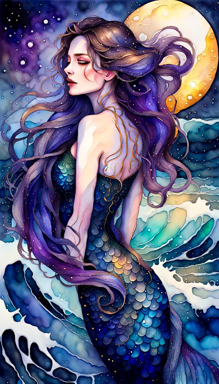 Enchanting Siren Song on Starry Coastline as Watercolor