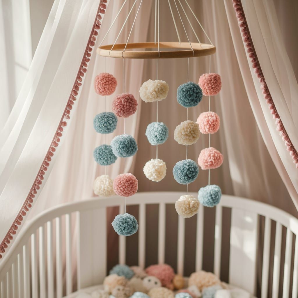 Pastel Pom-Pom Mobile Above Crib in Nursery
