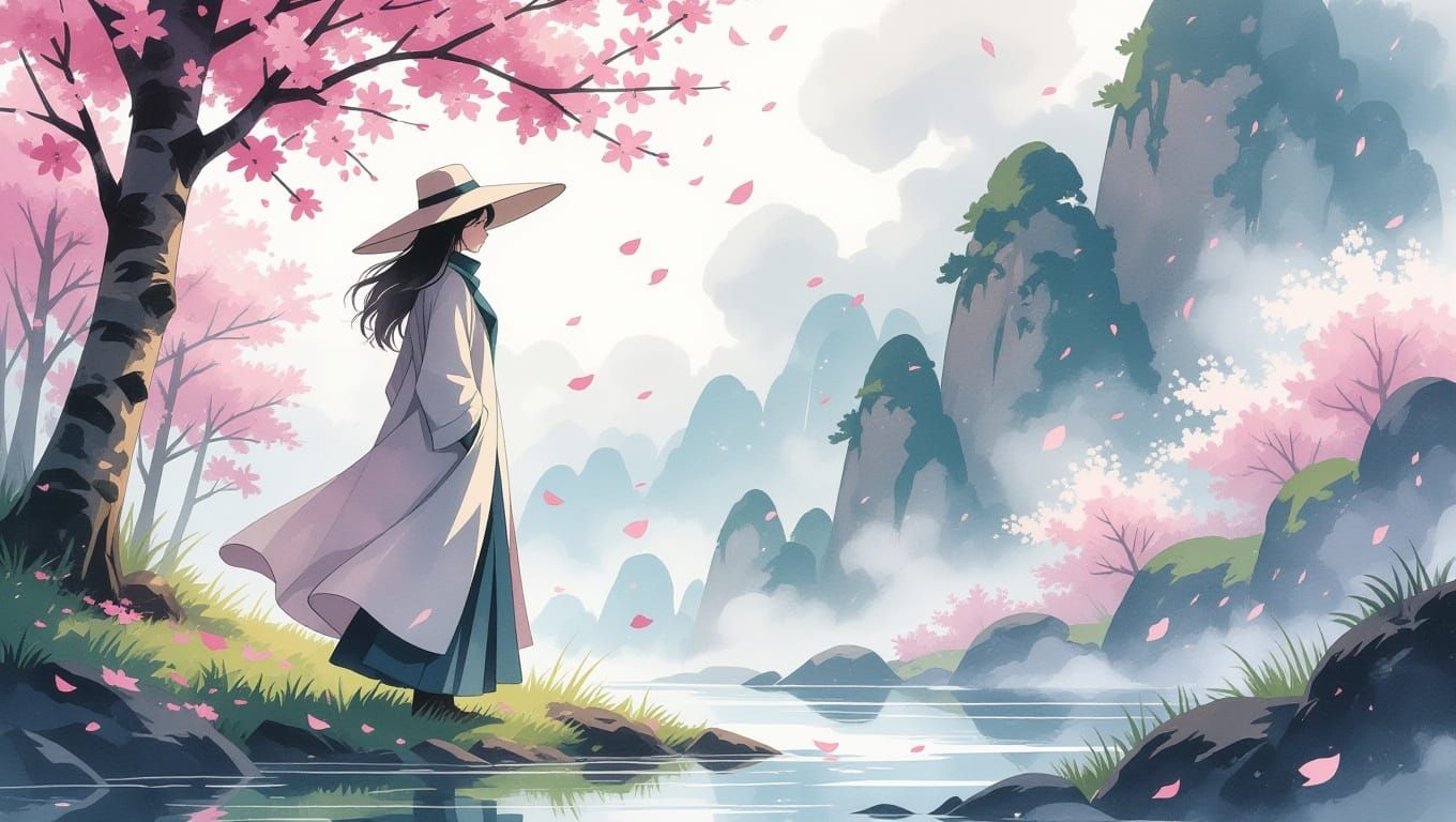 Surreal Woman Contemplates Stormy Spring Landscape in Waterc...