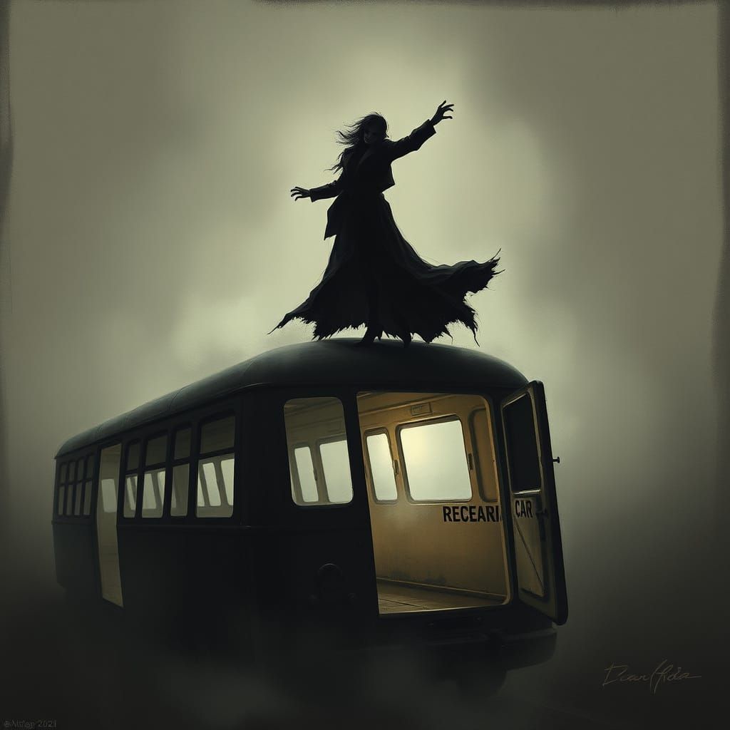 Gothic Figure Dances on Abandoned Rehearsal Car Roof