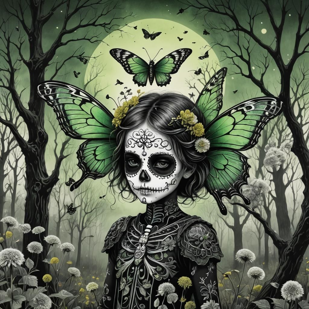 Surreal Autumn Landscape Drawing with Sugar Skull Moth