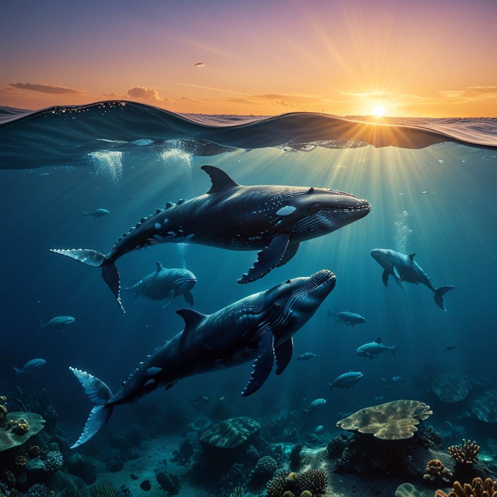 Surreal Sunset Whales Swim Beneath the Waves in a Vibrant Cy...